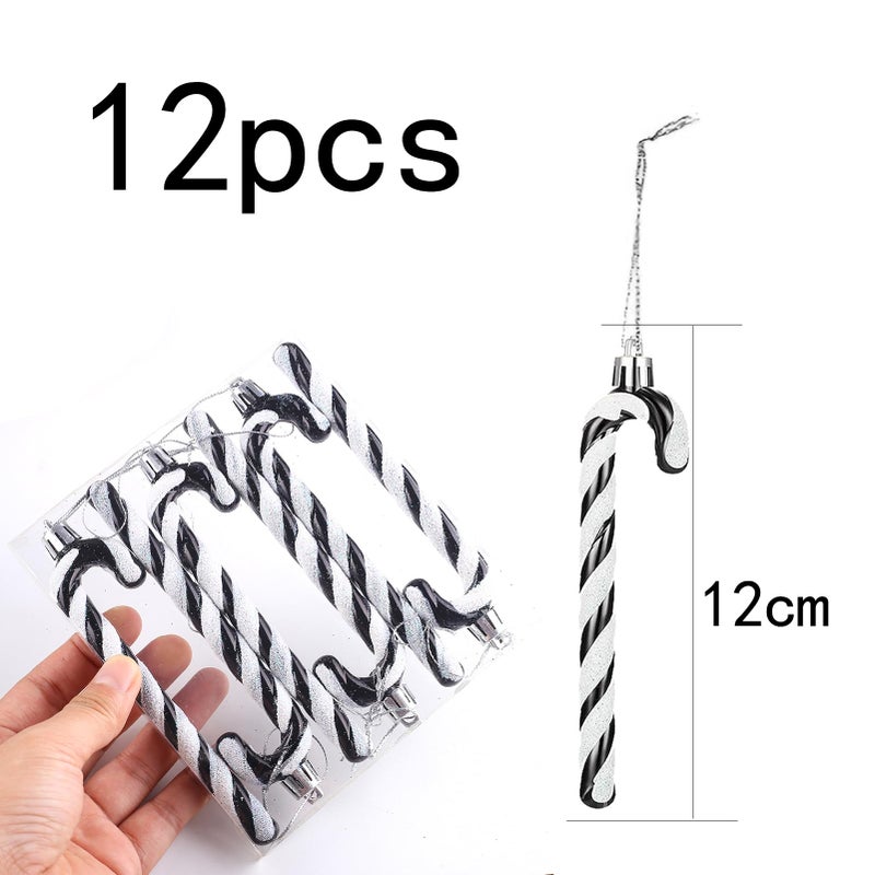 HERZWILD 12Pcs Glitter Candy Cane Christmas Tree Decorations Christmas Plastic Candy Cane Christmas Tree Hanging Ornament for Holiday Party Decoration Favor (Black and White) - Image 2