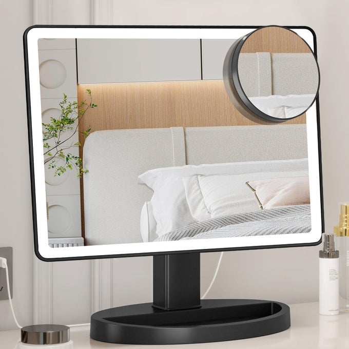 LARGE LIGHTED MAKEUP MIRROR WITH LIGHTS 3 COLOR LIGHTING MODES LIGHT UP MIRROR WITH 88 LED 10X MAGNIFICATION AND 360 ROTATION TOUCH SCREEN TABLETOP COSMETIC VANITY MAKE UP MIRROR BLACK