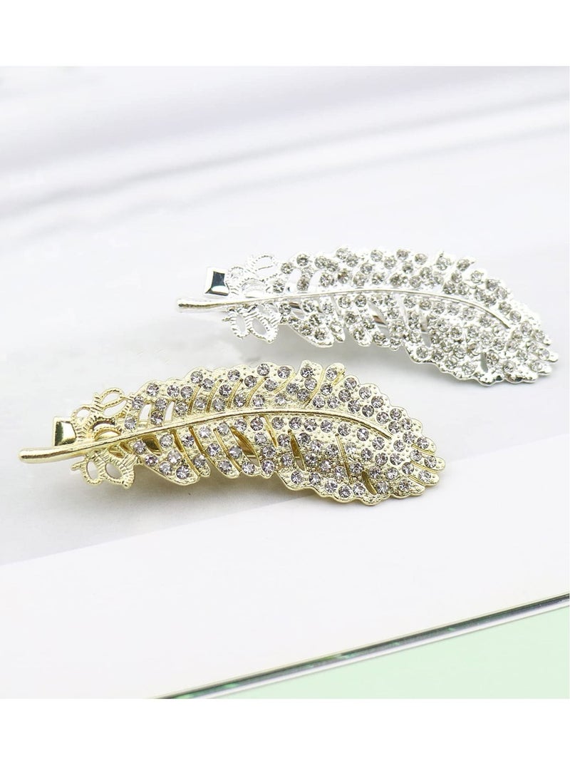 Excefore مشابك شعر من الكريستال، 4 قطع من مشابك شعر الريش، مشابك شعر الزفاف العتيقة، مشبك حامل ذيل الحصان للنساء والفتيات والسيدات إكسسوارات تصفيف الشعر (فضي، على شكل حجر الراين). - Image 1