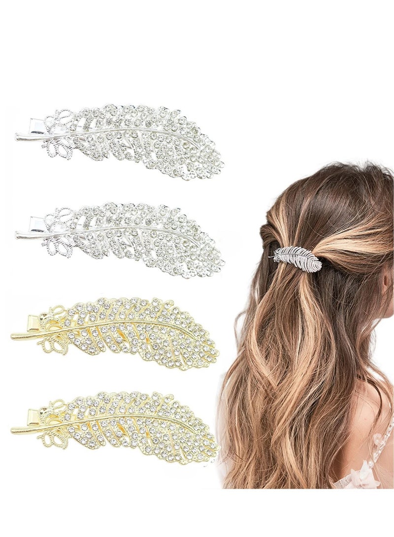 Excefore مشابك شعر من الكريستال، 4 قطع من مشابك شعر الريش، مشابك شعر الزفاف العتيقة، مشبك حامل ذيل الحصان للنساء والفتيات والسيدات إكسسوارات تصفيف الشعر (فضي، على شكل حجر الراين). - Image 4
