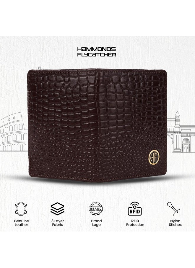 HAMMONDS FLYCATCHER - HAMMONDS FLYCATCHER Genuine Leather Card Holder for Men, Credit Card Holder, Slim Bi-Fold RFID Protected Credit Card Wallet for Men with 4 Card Slot (Fits Upto 8 Cards), Metal Snap Button - Croc Brown - Image 1
