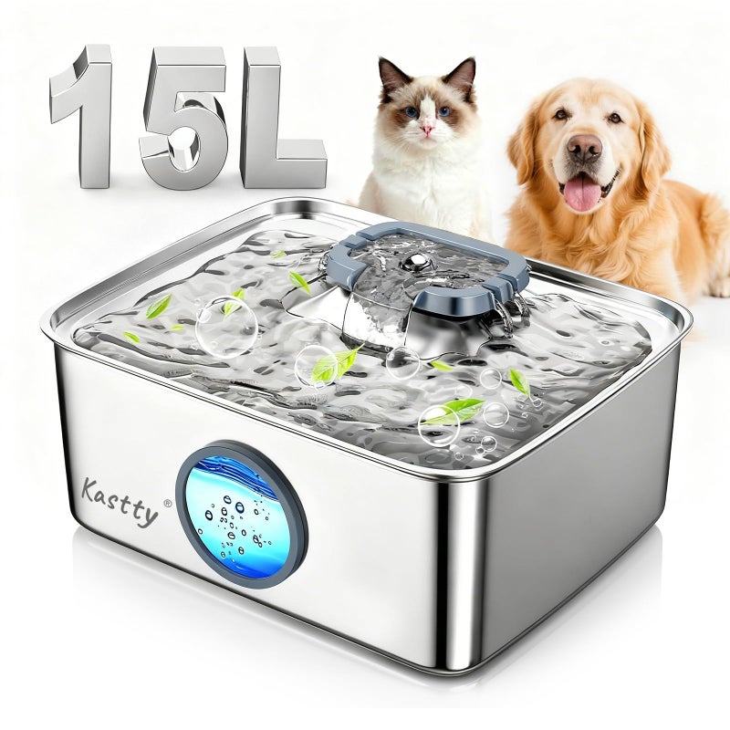 Kastty 15L/4 Gal Dog Water Fountain, Stainless Steel Large Pet Water Fountain with Water Level LED Light, Quiet Automatic Dog Water Bowl Dispenser for Dogs Inside Easy Cleaning FS79 - Image 1