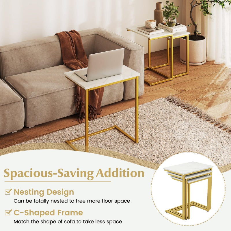 Giantex Nesting Coffee Table Set of 3, Stackable Square End Table w/Faux Marble Tabletop & Heavy-Duty Metal Frame, Farmhouse C-Shaped Accent Table for Small Space, Living Room, Bedroom (White Gold) - Image 5