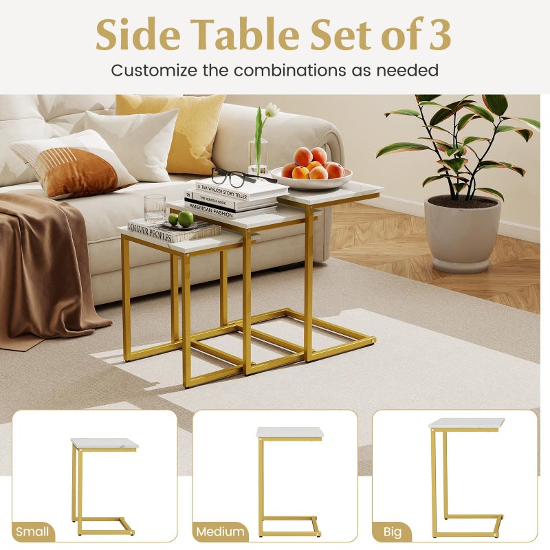 Giantex Nesting Coffee Table Set of 3, Stackable Square End Table w/Faux Marble Tabletop & Heavy-Duty Metal Frame, Farmhouse C-Shaped Accent Table for Small Space, Living Room, Bedroom (White Gold) - Image 4