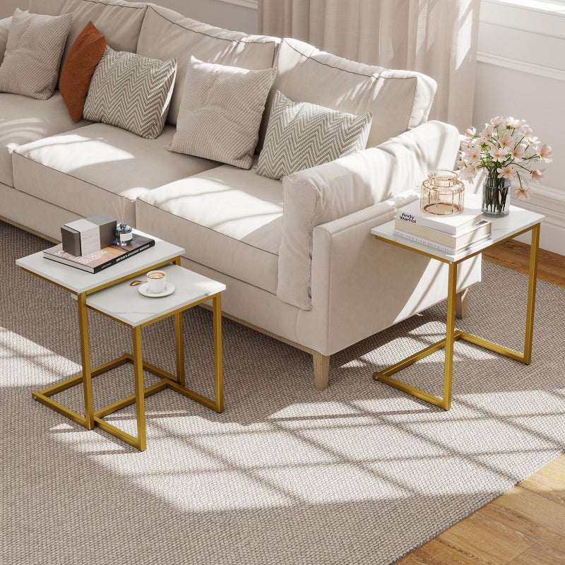 Giantex Nesting Coffee Table Set of 3, Stackable Square End Table w/Faux Marble Tabletop & Heavy-Duty Metal Frame, Farmhouse C-Shaped Accent Table for Small Space, Living Room, Bedroom (White Gold) - Image 3