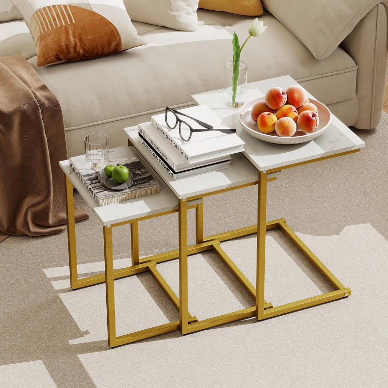 Giantex Nesting Coffee Table Set of 3, Stackable Square End Table w/Faux Marble Tabletop & Heavy-Duty Metal Frame, Farmhouse C-Shaped Accent Table for Small Space, Living Room, Bedroom (White Gold) - Image 1