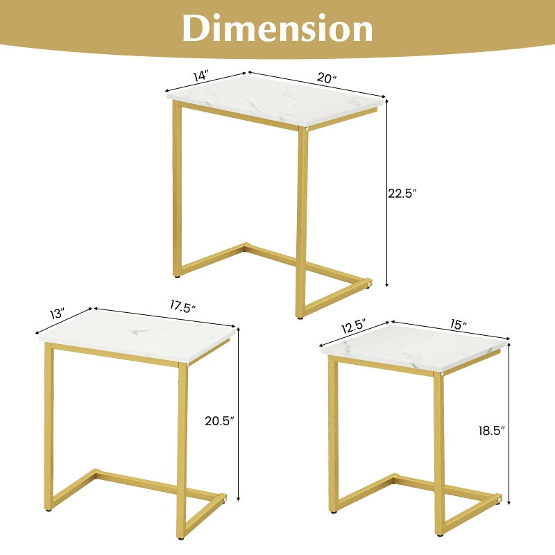 Giantex Nesting Coffee Table Set of 3, Stackable Square End Table w/Faux Marble Tabletop & Heavy-Duty Metal Frame, Farmhouse C-Shaped Accent Table for Small Space, Living Room, Bedroom (White Gold) - Image 2