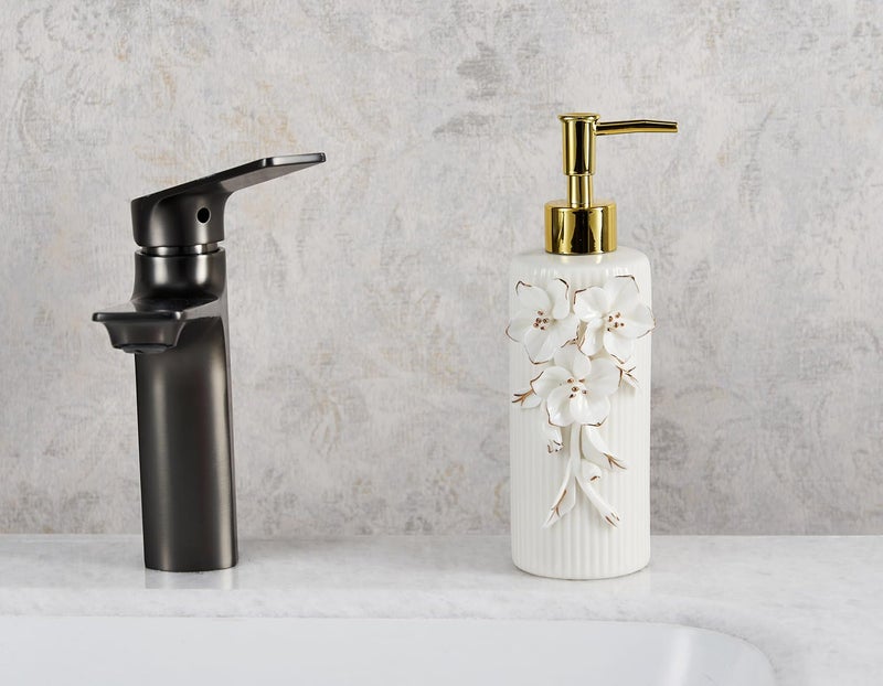NEWHENGS Handmade Ceramic Flower Soap Pump Dispenser Hand Lotion Liquid Dispenser Refillable for Kitchen and Bathroom Decorative (Flower Gold) - Image 2