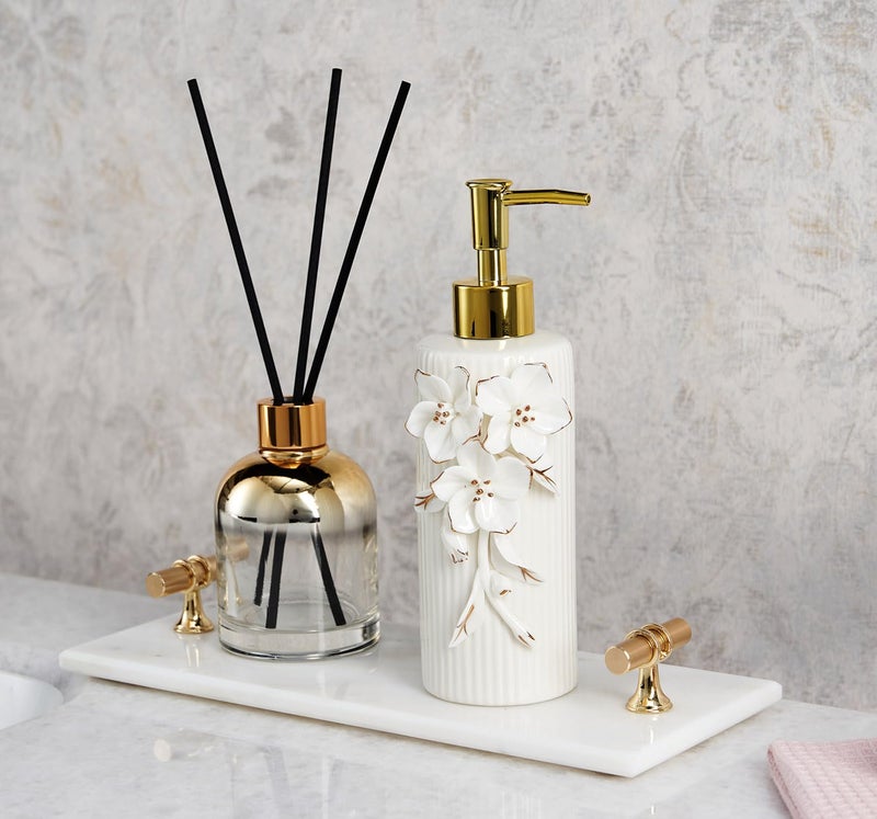 NEWHENGS Handmade Ceramic Flower Soap Pump Dispenser Hand Lotion Liquid Dispenser Refillable for Kitchen and Bathroom Decorative (Flower Gold) - Image 3