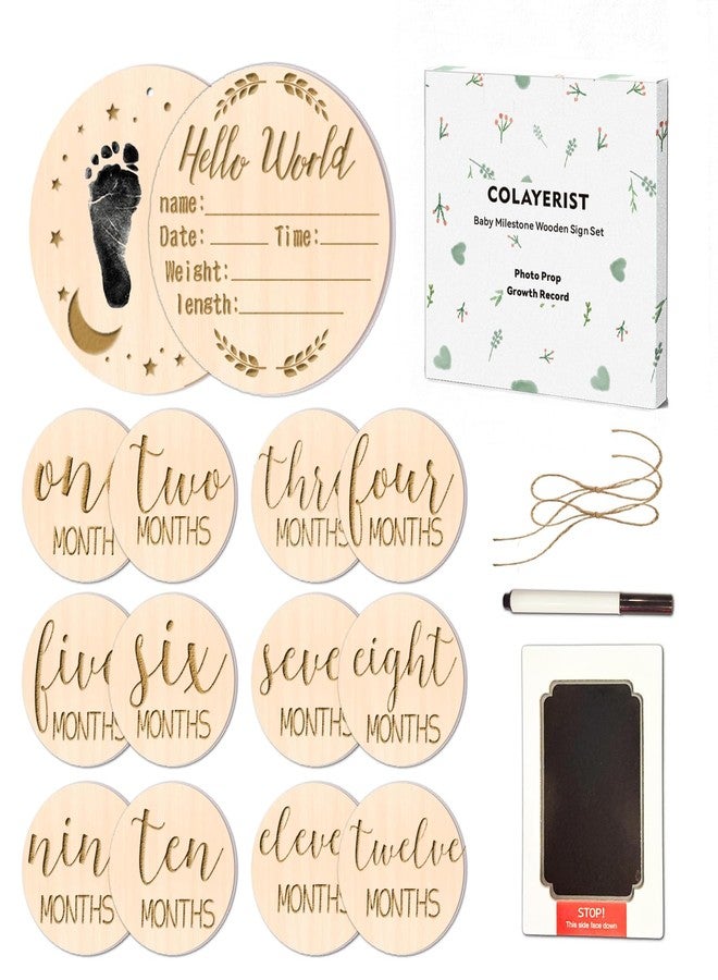 COLAYERIST 12PCS Baby Announcement Sign and Monthly Baby Milestone Set,Wooden Babys Monthly Milestone Classic Cursive Script, Hello World Newborn Sign with Ink Pad for Babys Photo Props - Image 1