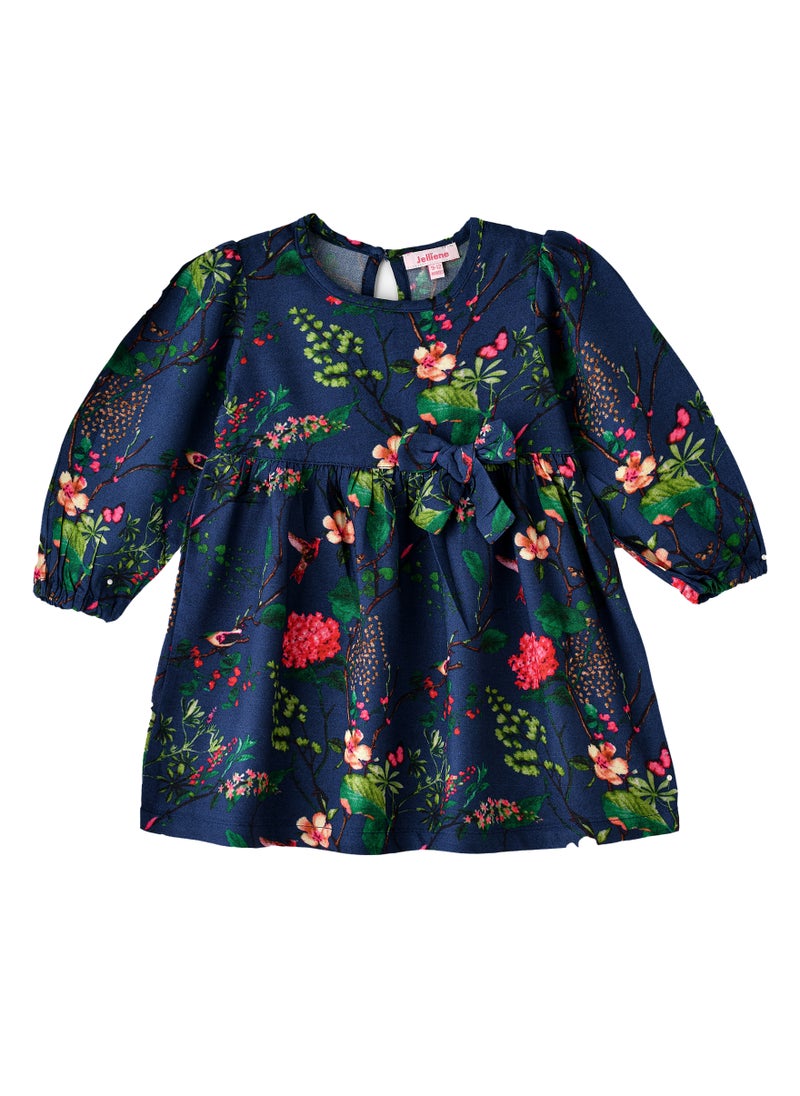 Jelliene Girls' Floral Print Long-Sleeve Dress with Bow  - Image 1