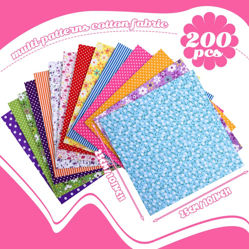 Kingdder 200 Pcs 10 x 10 Inch Cotton Fabric Squares for Quilting Fat Craft Quarters Sewing Fabric Bundle Squares Precut Printed Patchwork for DIY Craft Scrapbooking Cloth Handmade Accessory(Flower) - Image 2