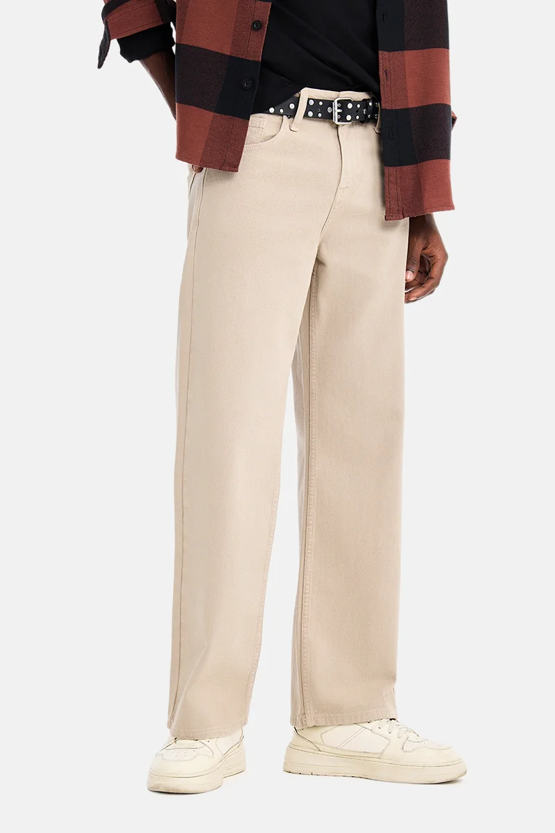 SNITCH Beige Solid Loose Fit Casual Jeans