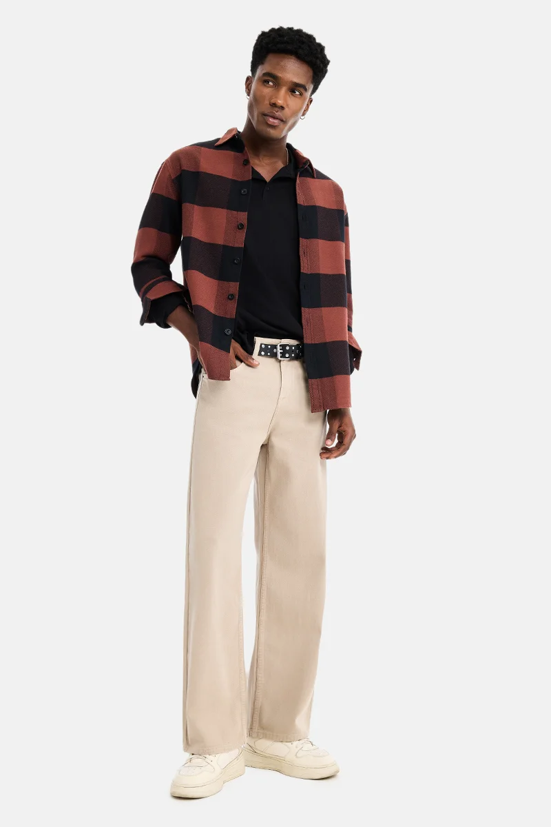 SNITCH Beige Solid Loose Fit Casual Jeans