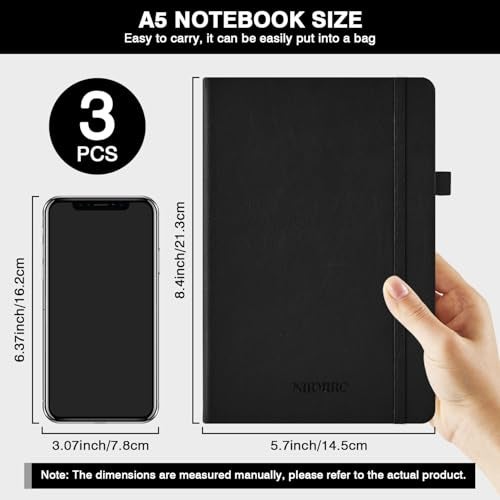 NIRMIRO (3 Pack) Lined Journal Notebook with Pen, A5 (5.7"x8.4") Leather Hardcover Journaling Notebooks for Women Men Work, 160 Pages per Note Book, 100GSM Paper, School Office Supplies, Black - Image 5