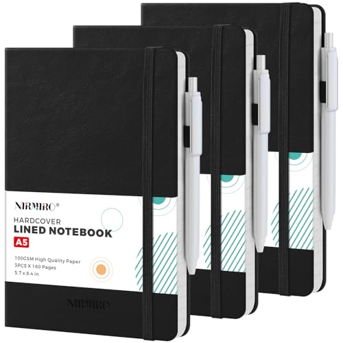 NIRMIRO (3 Pack) Lined Journal Notebook with Pen, A5 (5.7"x8.4") Leather Hardcover Journaling Notebooks for Women Men Work, 160 Pages per Note Book, 100GSM Paper, School Office Supplies, Black - Image 1