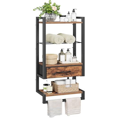 HOOBRO Wall Mounted Towel Rack with Shelf and Drawer Bathroom Wall Storage Shelf with Towel Bar Space Saving Over Toilet Organizer for Bathroom Rustic Brown BF11LB01 - Image 1