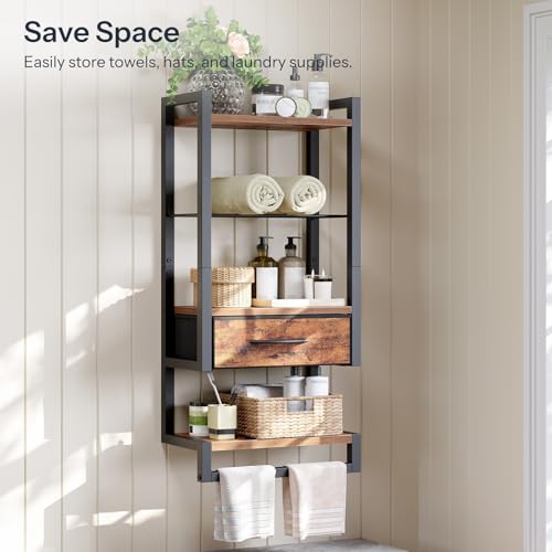 HOOBRO Wall Mounted Towel Rack with Shelf and Drawer Bathroom Wall Storage Shelf with Towel Bar Space Saving Over Toilet Organizer for Bathroom Rustic Brown BF11LB01 - Image 3