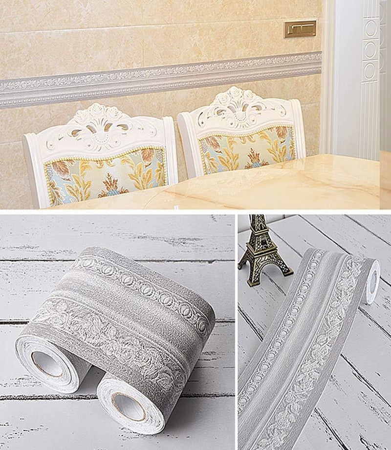 UPREDO 3D Decorative Floral Molding Waterproof Wallpaper Border Peel and Stick for Bathroom Kitchen Counter Top Backsplash Tiles Sticker,4 Inch by 16.4Ft (Sliver) - Image 2