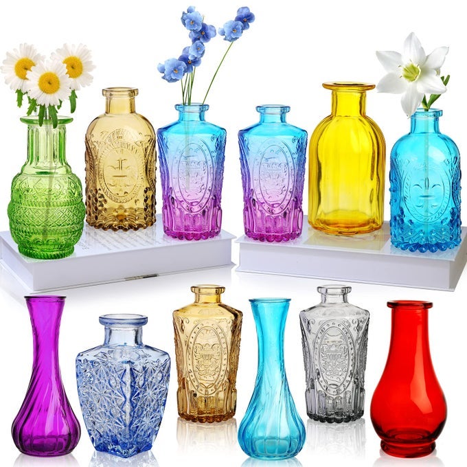 COLORED GLASS BUD VASE SET OF 12SMALL VINTAGE BUD VASES IN BULKMINI DECOR VINTAGE VASE FOR CENTERPIECE OFFICE GARDEN HOME WEDDING PARTY