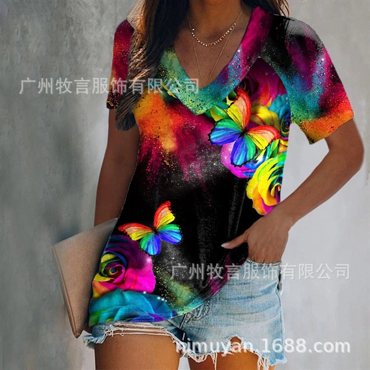 2022's new European and American independent station wish cross-border women's V-neck short-sleeved positioning printing T-shirt women C XXL - Image 1