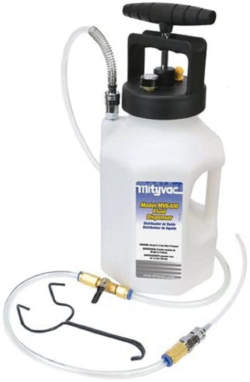 Mityvac MV6400 Fluid Dispensing System for Filling or Topping Fluids 12 Gallon Reservoir Manual Pump Pressure Gauge and Relief Valve Autoshutoff Valves 5 Hose with Flow Control Valve