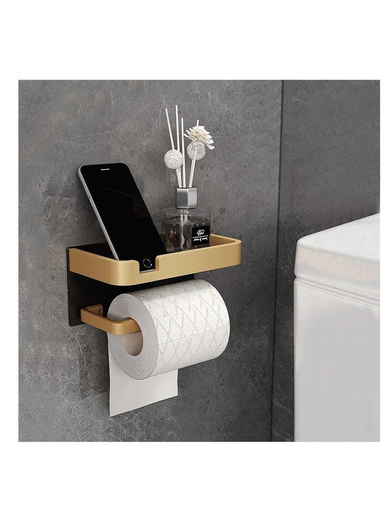 KASTWAVE Toilet Paper Holder, with Shelf Adhesive Wall Mounted, No Drill Aluminium Alloy Stainless and Rustproof, Dispenser Bathroom Organizer Storage Rack Matte, Black Gold - Image 3