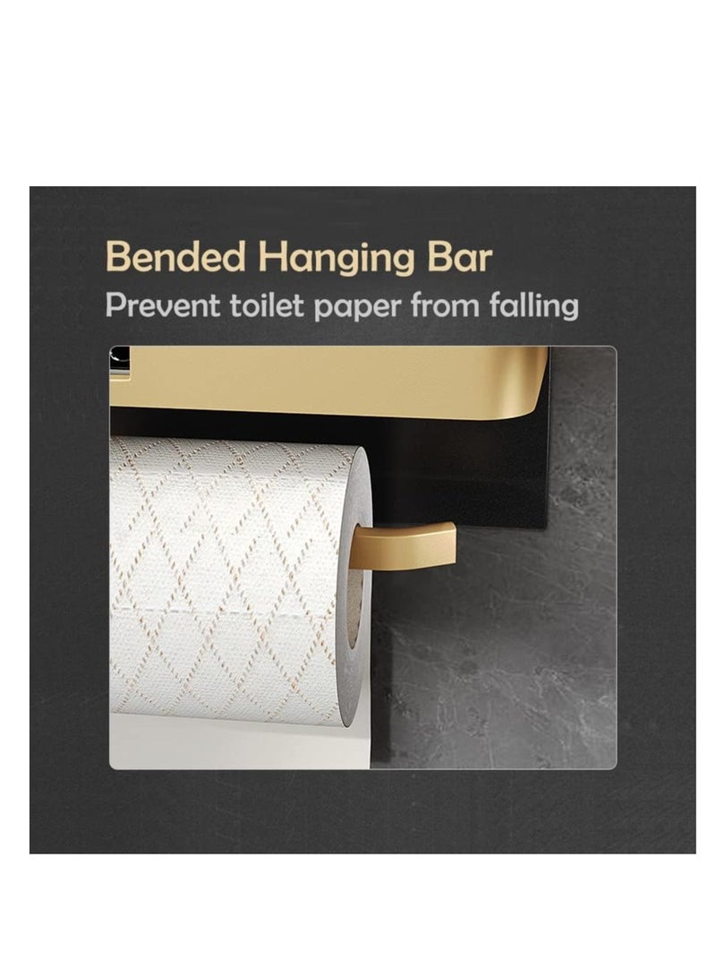 KASTWAVE Toilet Paper Holder, with Shelf Adhesive Wall Mounted, No Drill Aluminium Alloy Stainless and Rustproof, Dispenser Bathroom Organizer Storage Rack Matte, Black Gold - Image 4