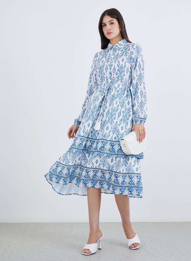 Styli Printed Long Sleeves Collared Tiered Midi Dress - Image 1