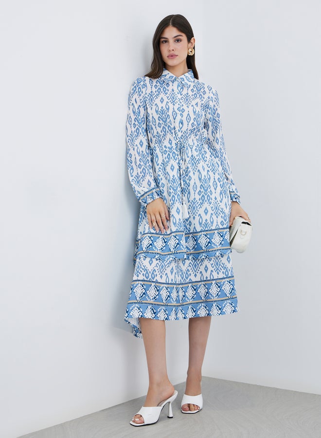 Styli Printed Long Sleeves Collared Tiered Midi Dress - Image 2
