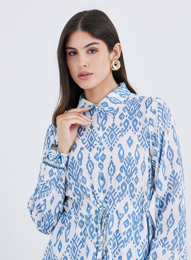 Styli Printed Long Sleeves Collared Tiered Midi Dress - Image 4