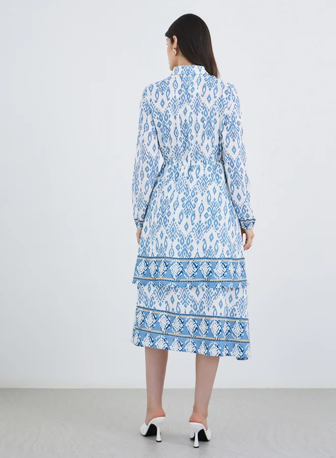 Styli Printed Long Sleeves Collared Tiered Midi Dress
