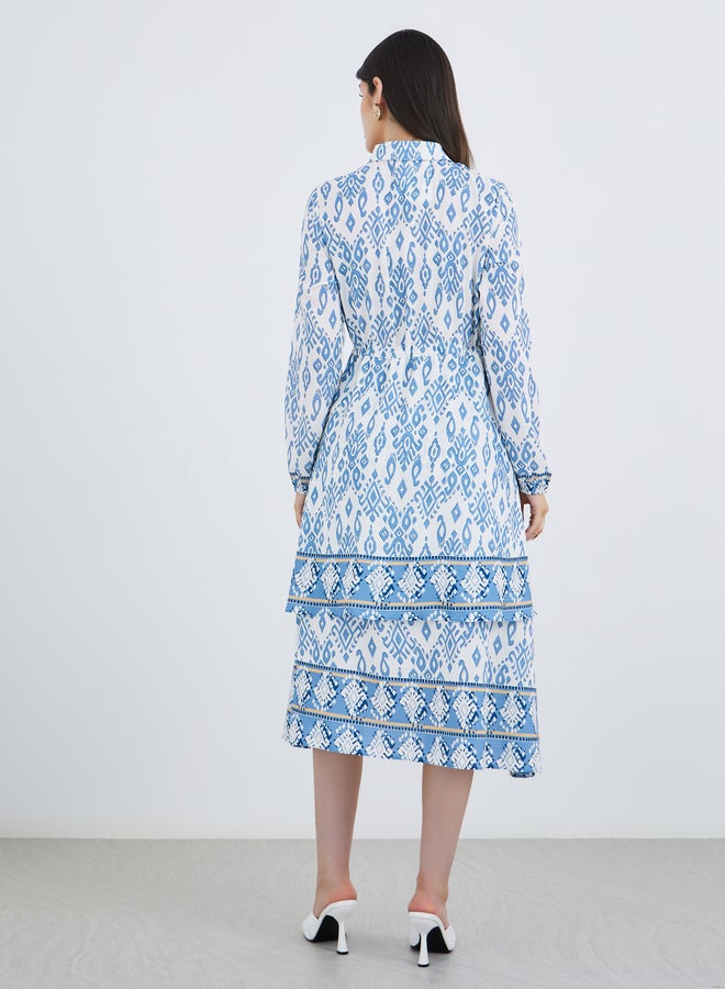 Styli Printed Long Sleeves Collared Tiered Midi Dress - Image 5