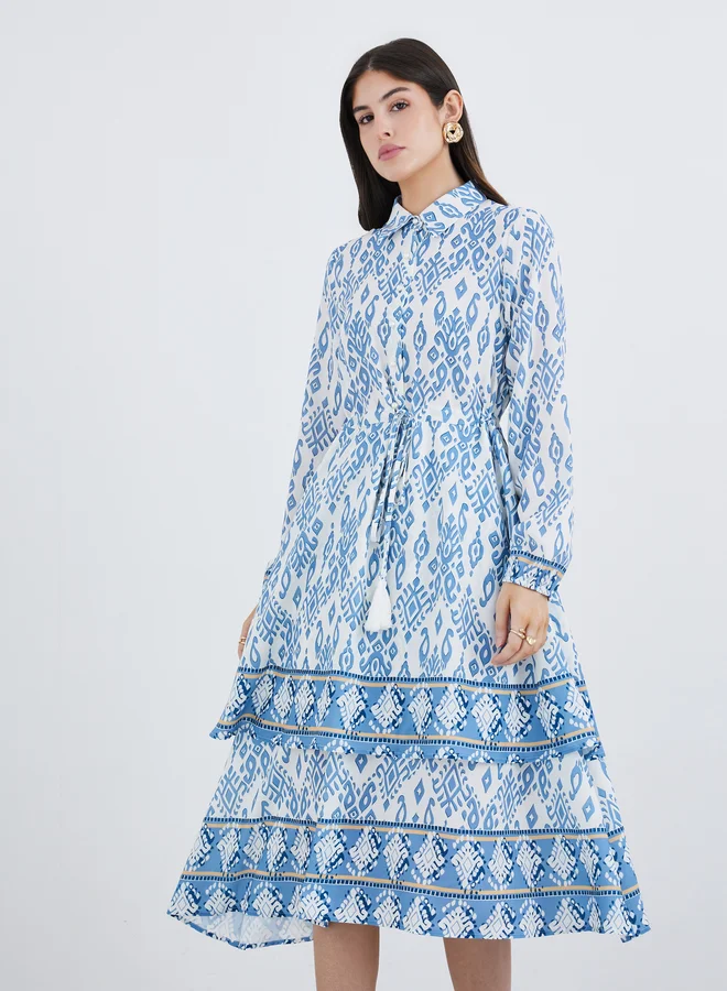 Styli Printed Long Sleeves Collared Tiered Midi Dress