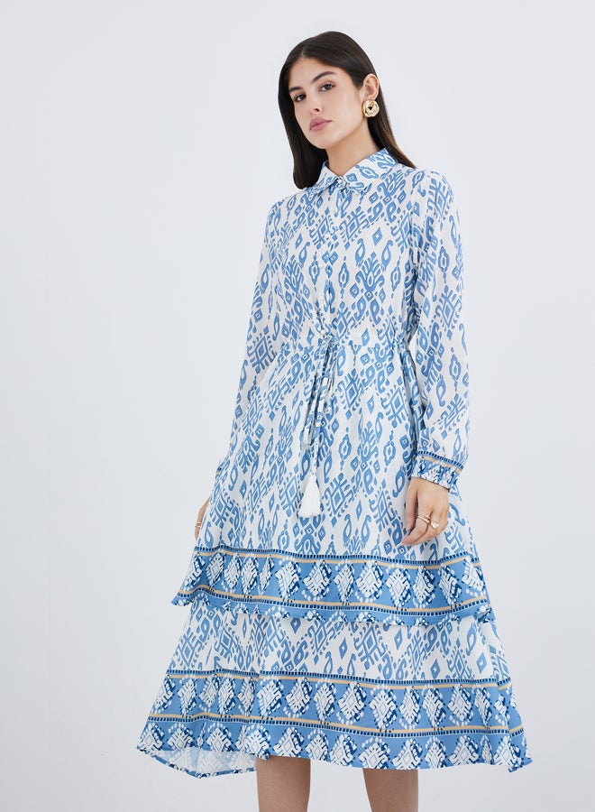 Styli Printed Long Sleeves Collared Tiered Midi Dress - Image 3