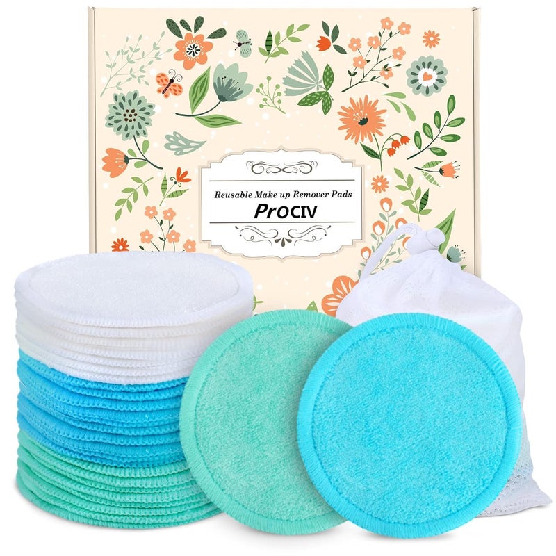 ProCIV Reusable Makeup Remover Pads  18 Packs Organic Reusable Cotton Rounds with Washable Laundry Bag for Toner EcoFriendly Bamboo  Cotton Reusable Cotton Pads for Face All Skin Types BlueWhiteGreen