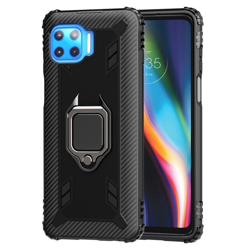 HuHa Case Cover For Motorola Moto G 5G Plus Carbon Fiber Protective Case with 360 Degree Rotating Ring Holder(Black) - Image 2