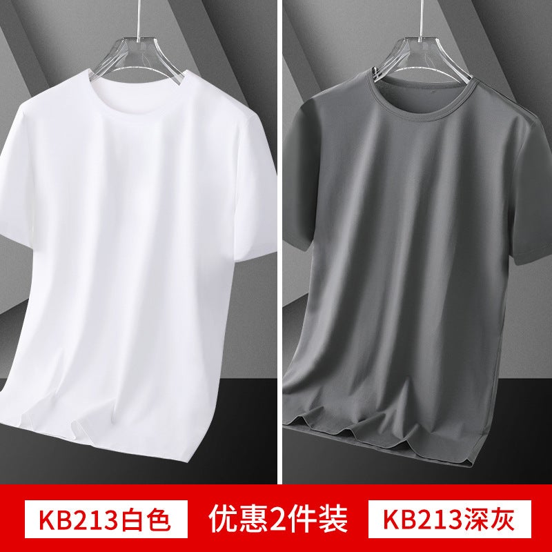 Ice Silk Solid Color T-Shirt Short-Sleeved Men'S New Fashionable Loose T-Shirt Summer Slim-Fit All-Match Handsome Youth Top - Image 1