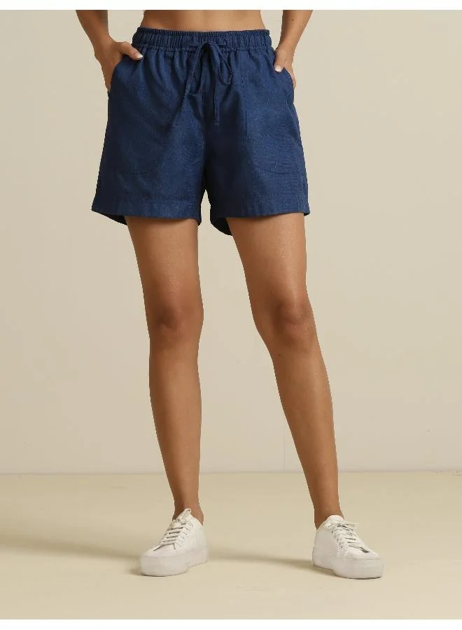 trueBrowns trueBrowns Dark Blue Cotton Blend Shorts With Drawstring