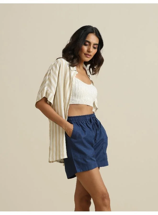 trueBrowns trueBrowns Dark Blue Cotton Blend Shorts With Drawstring