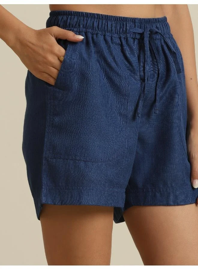 trueBrowns trueBrowns Dark Blue Cotton Blend Shorts With Drawstring