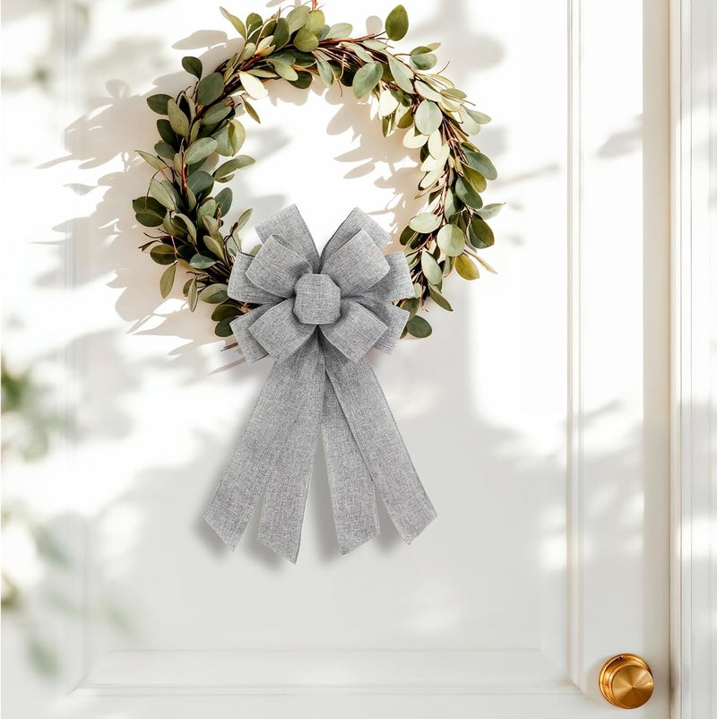 chmacura Grey Burlap Wreath Bow 20 x 11 Inches Easter Bows Birthday Holiday Ribbon Bow Carnival Farmhouse Bow Tree Ornament for Home Front Door Decorations - Image 5