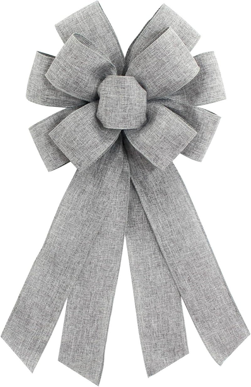 chmacura Grey Burlap Wreath Bow 20 x 11 Inches Easter Bows Birthday Holiday Ribbon Bow Carnival Farmhouse Bow Tree Ornament for Home Front Door Decorations - Image 1