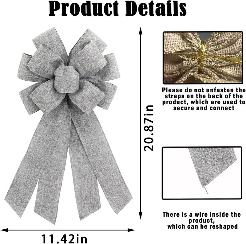 chmacura Grey Burlap Wreath Bow 20 x 11 Inches Easter Bows Birthday Holiday Ribbon Bow Carnival Farmhouse Bow Tree Ornament for Home Front Door Decorations - Image 2