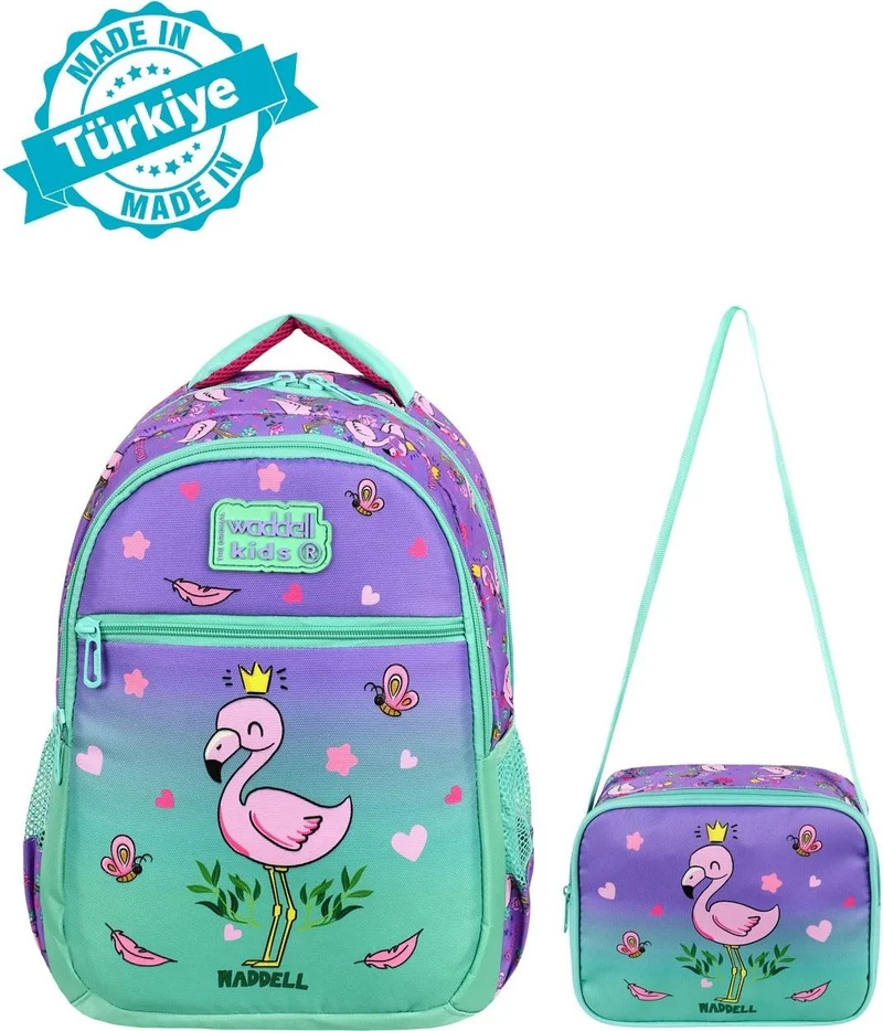 Waddell Licensed Aqua Green Lilac Flamingo Patterned Girls Primary School Backpack and Lunch Bag