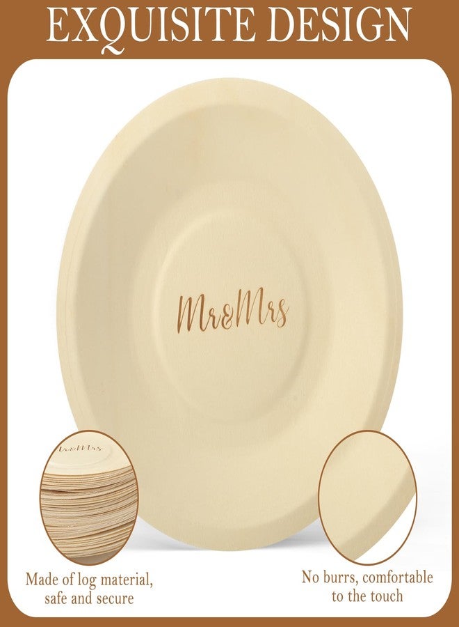 RimCereal 50 Pack Wood Wedding Plates Bulk Disposable Mr and Mrs Wooden Engagement Party Disposable Round Dessert Plates for Wedding Engagement Party Decorations Appetizer Cake 5.51 x 5.51 Inch - Image 3