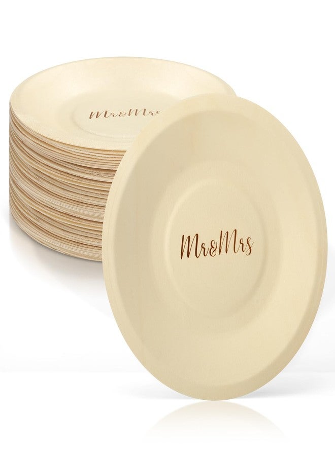 RimCereal 50 Pack Wood Wedding Plates Bulk Disposable Mr and Mrs Wooden Engagement Party Disposable Round Dessert Plates for Wedding Engagement Party Decorations Appetizer Cake 5.51 x 5.51 Inch - Image 1