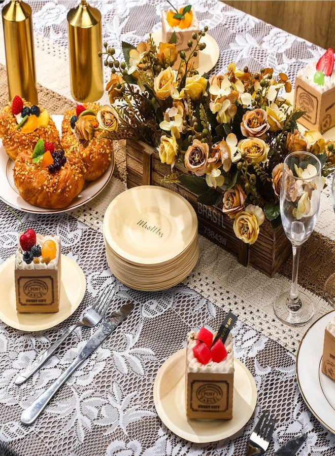 RimCereal 50 Pack Wood Wedding Plates Bulk Disposable Mr and Mrs Wooden Engagement Party Disposable Round Dessert Plates for Wedding Engagement Party Decorations Appetizer Cake 5.51 x 5.51 Inch - Image 4
