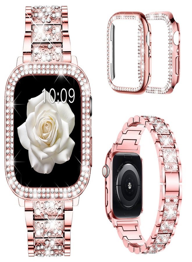 Mosonio Compatible with Apple Watch Band 44mm with Case Women, Jewelry Replacement Metal Wristband Strap with 2 Pack Bling PC Protective Cover for iWatch Series 6/5/4(Pink) - Image 1