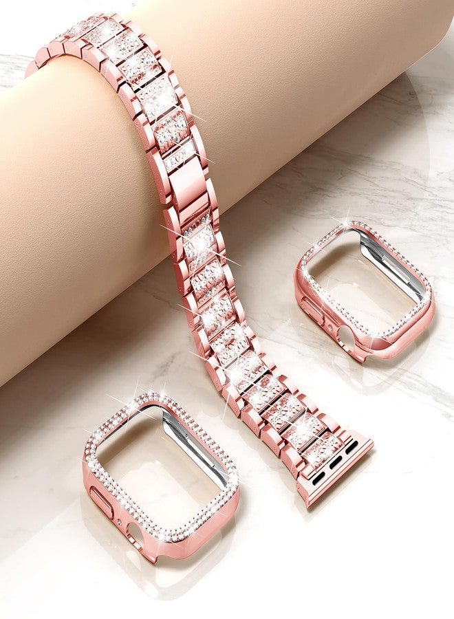 Mosonio Compatible with Apple Watch Band 44mm with Case Women, Jewelry Replacement Metal Wristband Strap with 2 Pack Bling PC Protective Cover for iWatch Series 6/5/4(Pink) - Image 4